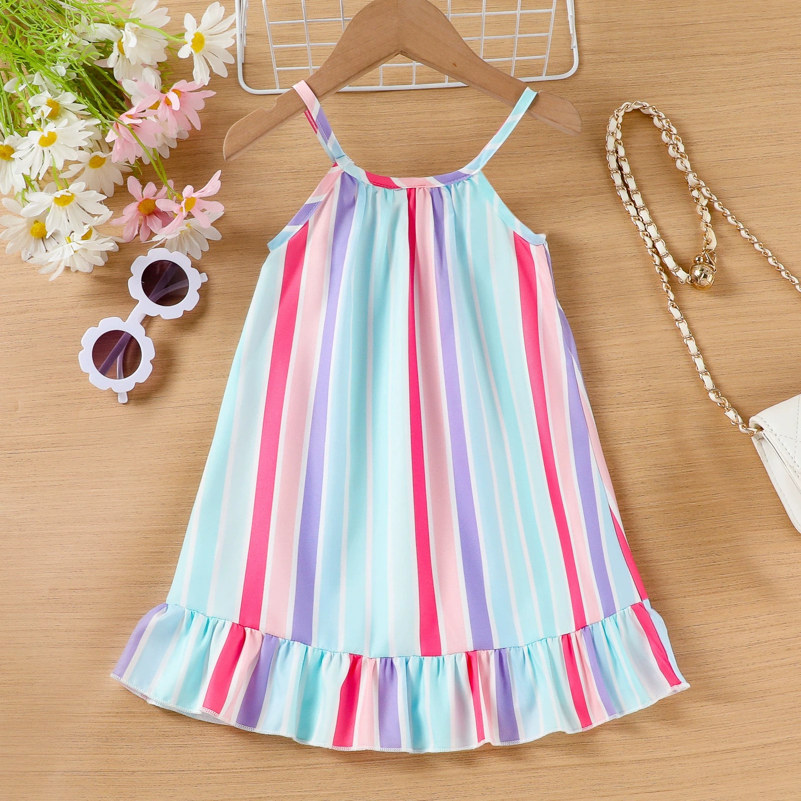 Vestito Estivo Bimba a Righe Colorate  Spalline Sottili e Volant