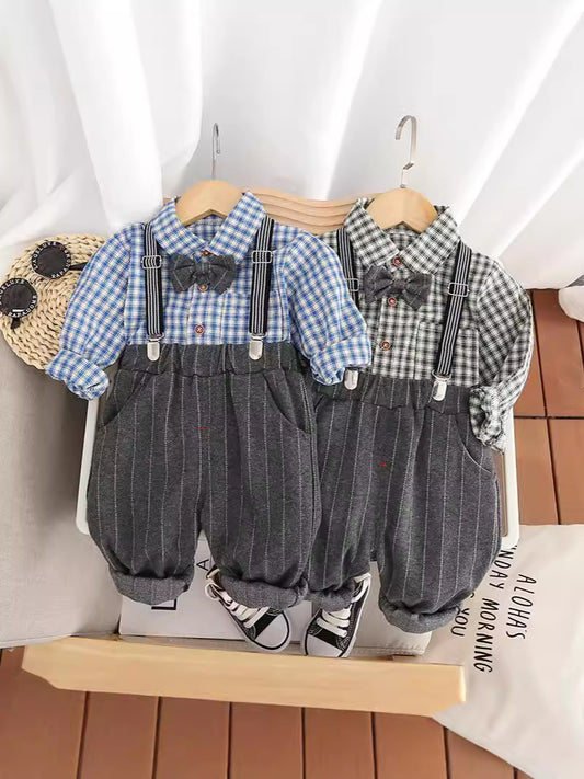 Completo Elegante Neonato con Bretelle   Camicia a Quadri e Pantaloni a Righe