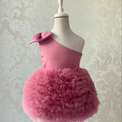 Abito Cerimonia Bambina Monospalla – Tulle Voluminoso e Fiocco in Raso