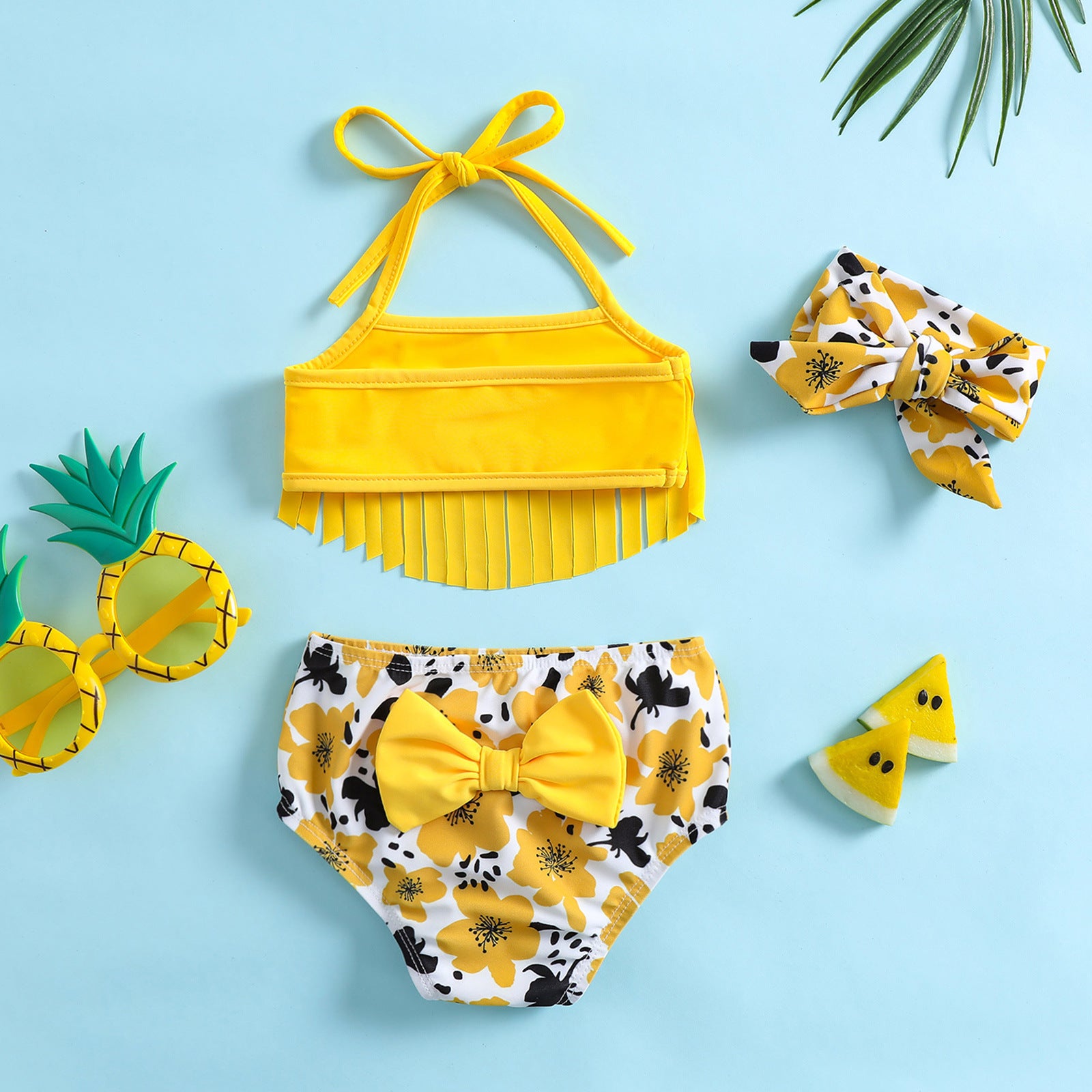 Costume bambina 3 pezzi – Giallo fiori tropicali
