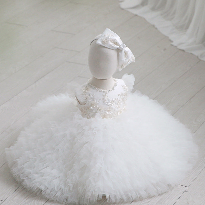 Abito Elegante Bambina  con Fiori Ricamati e Gonna in Tulle