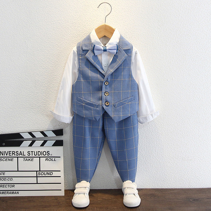 Completo Elegante Bambino 5 Pezzi  Azzurro  Quadrettato con Papillon