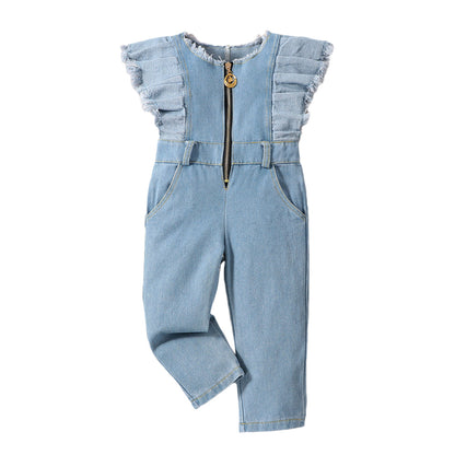 Tuta in Denim Bambina con Dettaglio a Volant