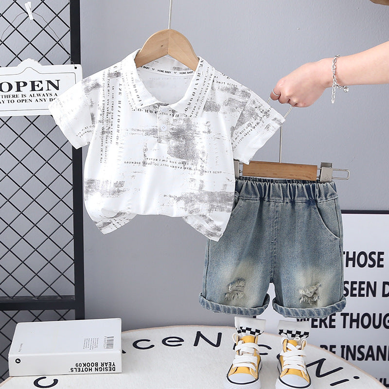 Completo Estivo Bimbo   Polo Stampata e Shorts in Denim