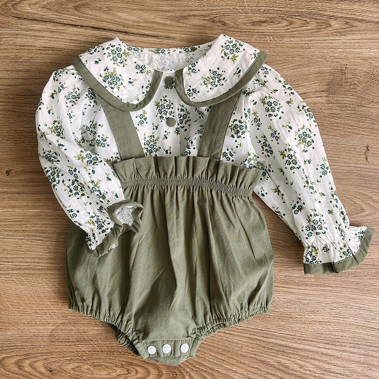 Pagliaccetto Neonato Verde Salvia con Camicetta a Fiori