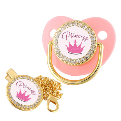 Set Ciuccio + Clip con Catena "Princess" Decorato con Strass 0-6 mesi