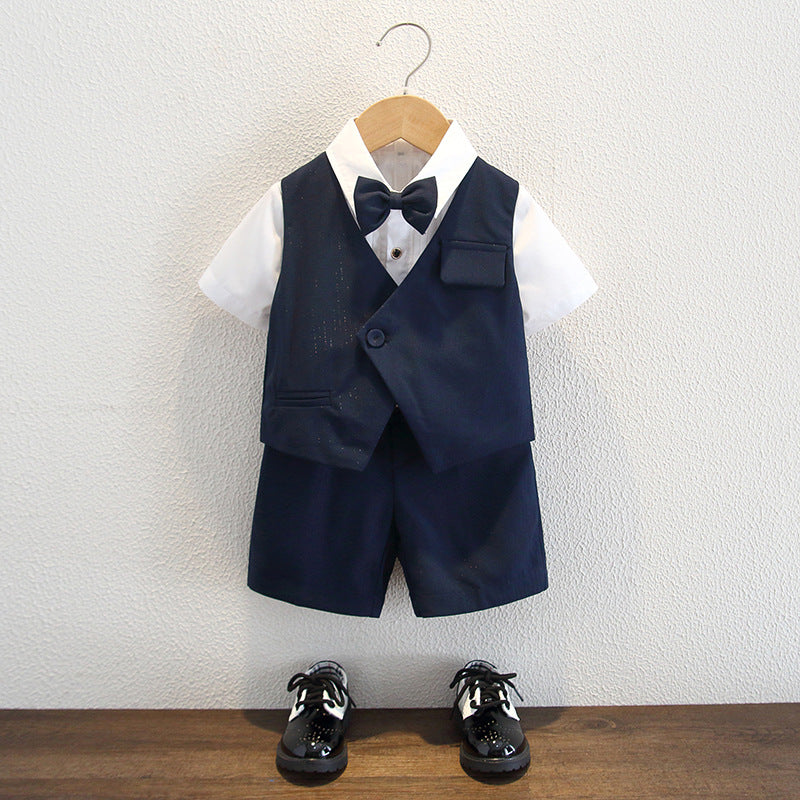Completo Elegante 4 Pezzi Bambino   Gilet Blu  con Papillon