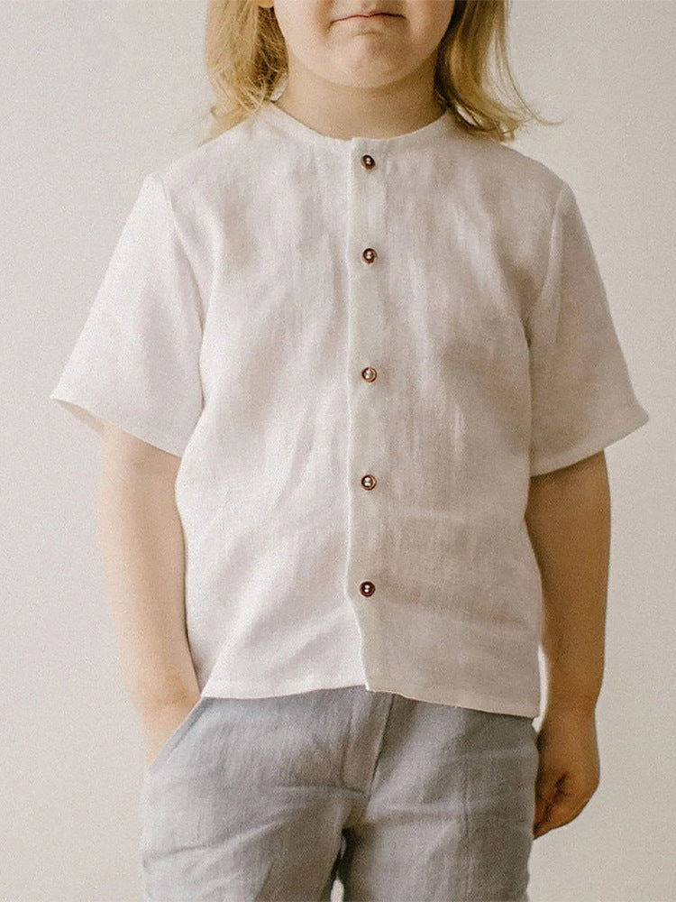 Completo estivo bimbo in lino con bottoni – Bianco e Grigio