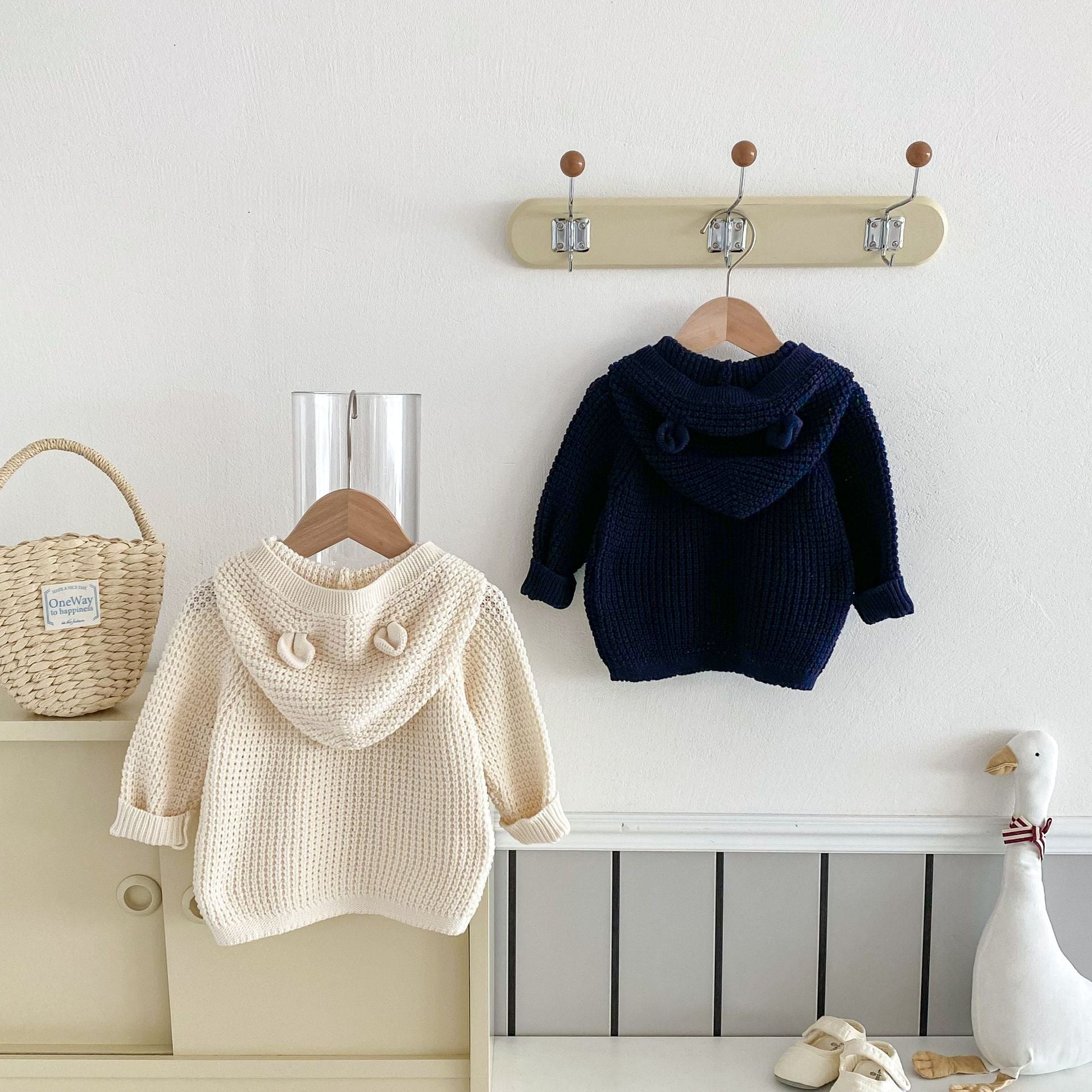 Cardigan Neutro Bimba/ Bimbo con Cappuccio e Orecchie – Maglia Morbida in Cotone