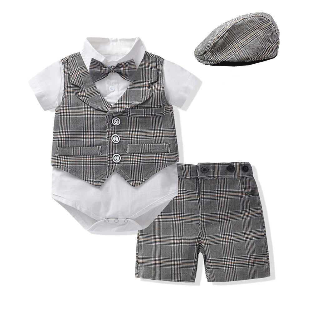 Completo Neonato 4 Pezzi  Body Camicia con Gilet, Pantaloncini e Coppola a Quadri