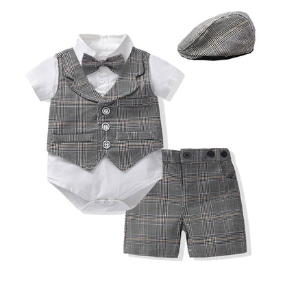 Completo Neonato 4 Pezzi  Body Camicia con Gilet, Pantaloncini e Coppola a Quadri