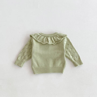 Cardigan Neonata/ Bimba in Maglia con Colletto Volant – Lavorazione a Rombo