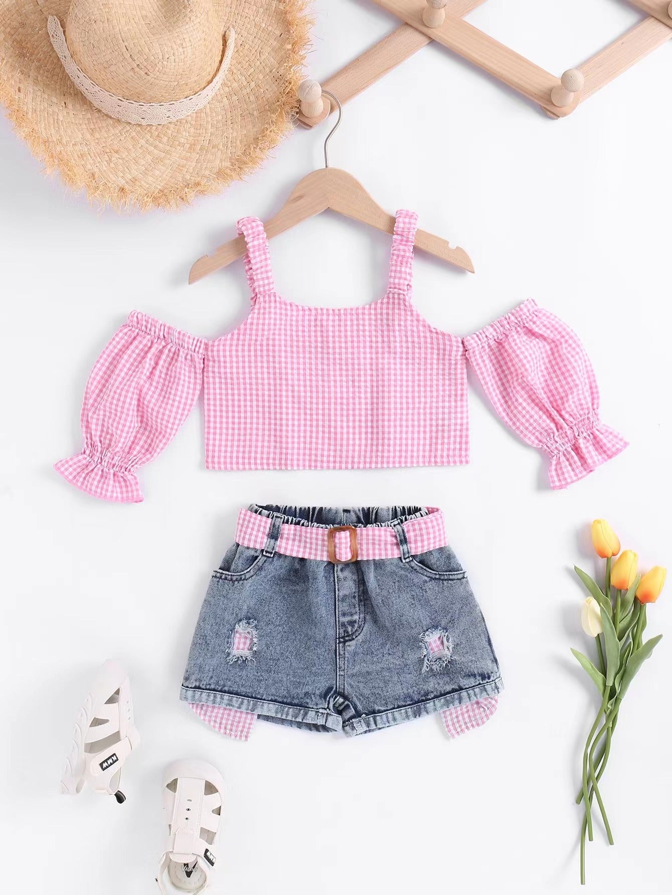 Completo Bimba  Estivo - Top a Quadretti e Shorts in Denim con Dettagli