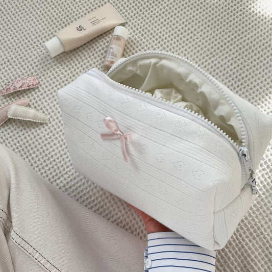 Beauty Case Neonato in Maglia Cuoricini con Fiocco Rosa 🎀