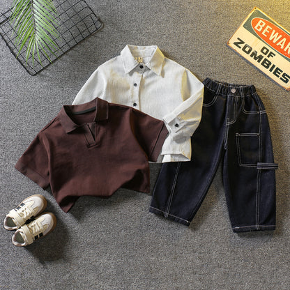 Set 3 pezzi bambino con camicia, t-shirt e jeans cargo