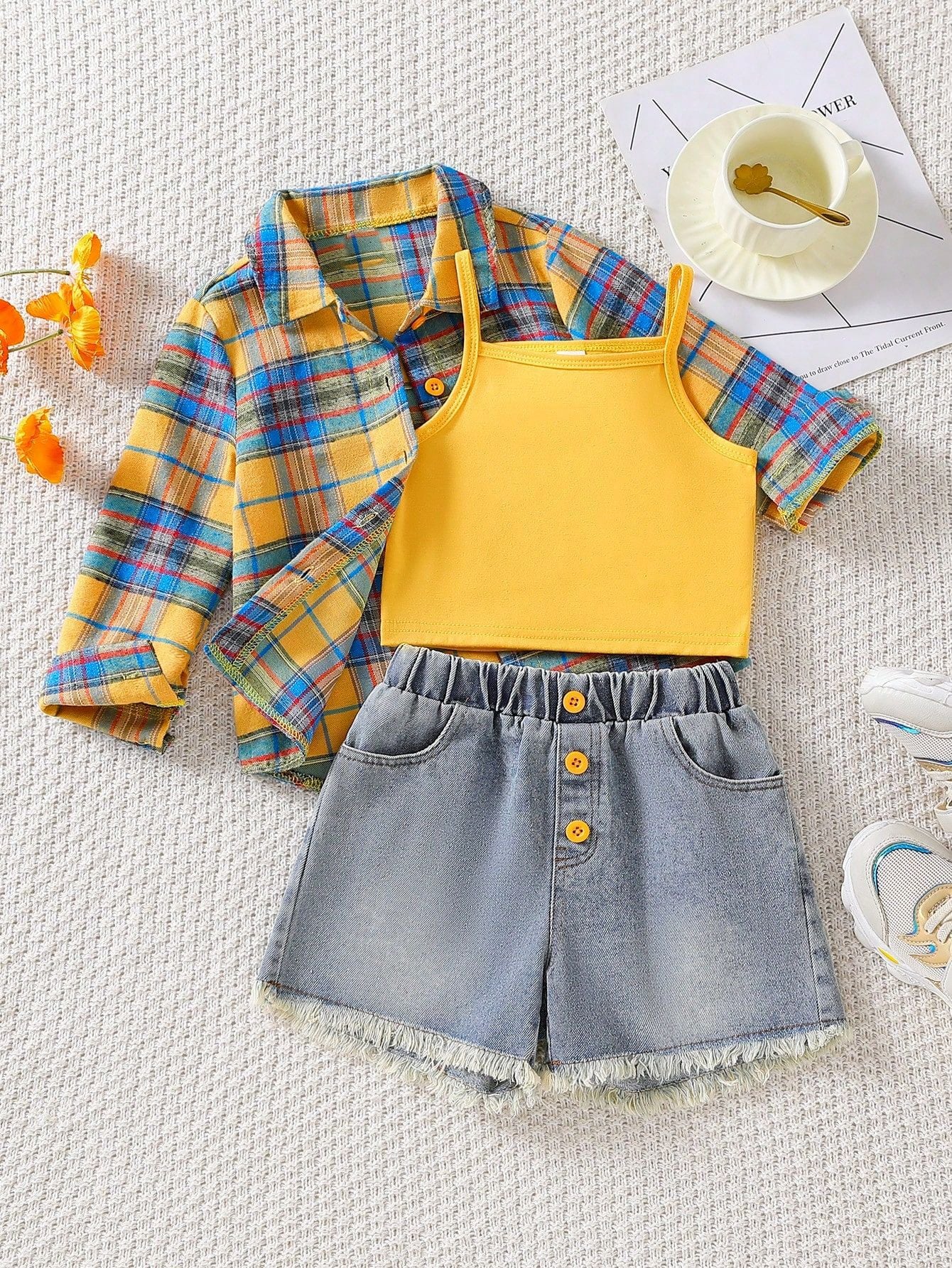 Completo estivo bambina 3 pezzi   Giallo, denim e camicia a quadri