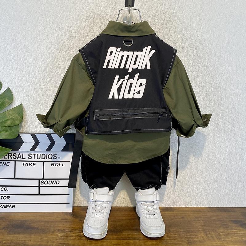 Completo Bambino Stile Streetwear  Camicia, Gilet Utility e Pantaloni Cargo
