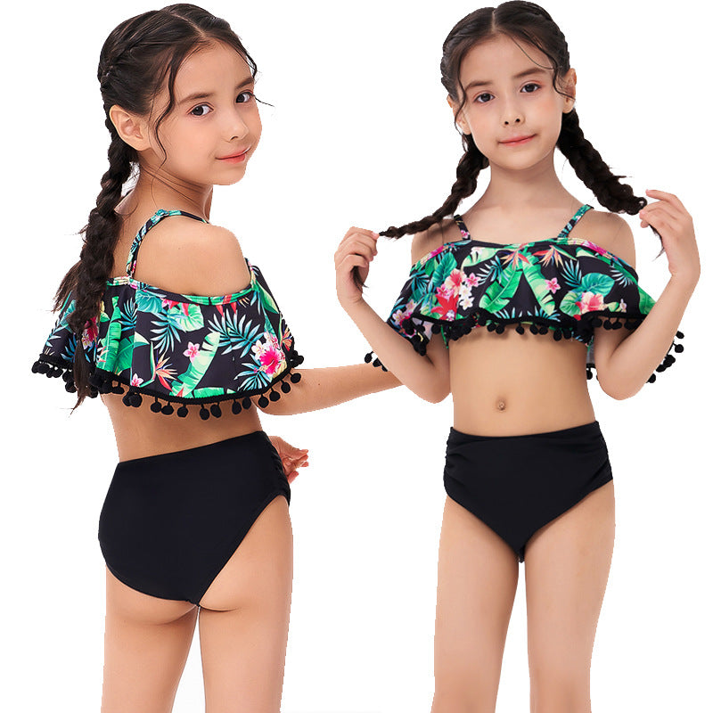 Bikini bambina 2 pezzi tropicale - Top a volant con nappine e slip nero vita alta