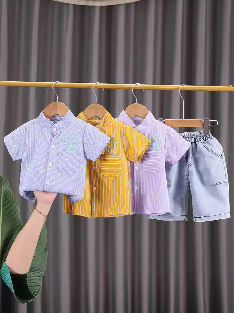 Completo Estivo Bambino - Camicia Coreana a Righe e Shorts in Denim