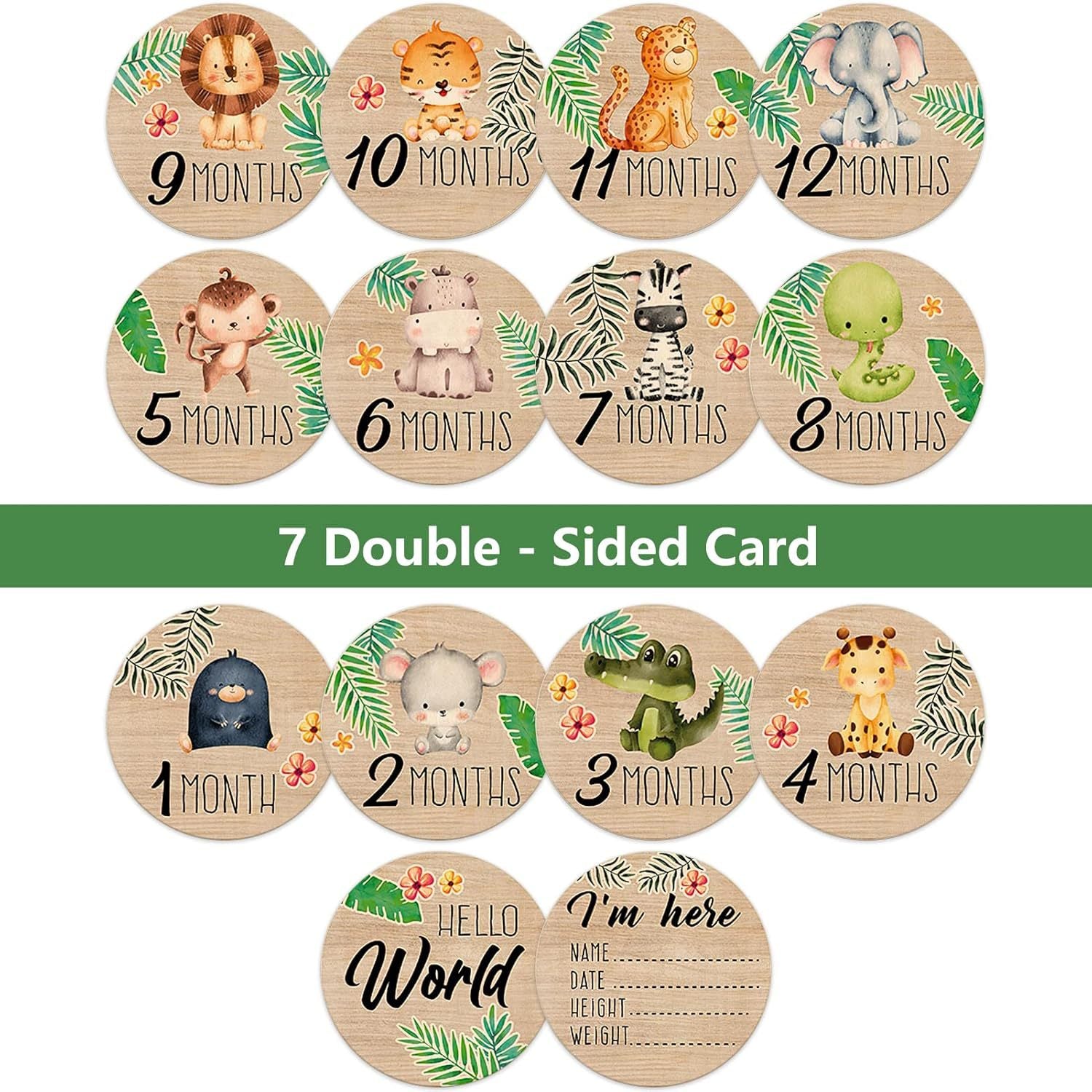 Carte Mese in Legno Animali della Giungla – 12 Mesi + Nascita