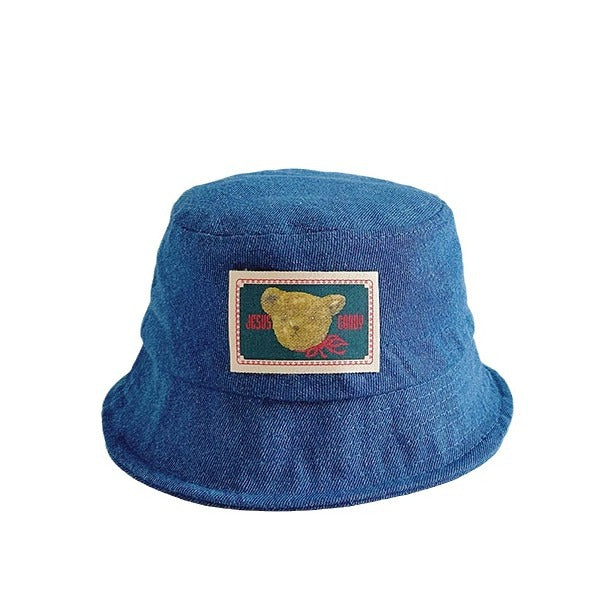 Bucket Hat Bambino in Denim Azzurro   Patch Orsetto Ricamata