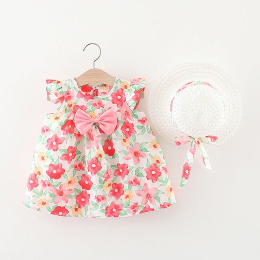 Vestitino Floreale con Cappellino Coordinato – Rosa e Verde