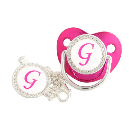 Set Ciuccio Luxury Fucsia e argento con Clip – Personalizzato con Iniziale (6-12 mesi)
