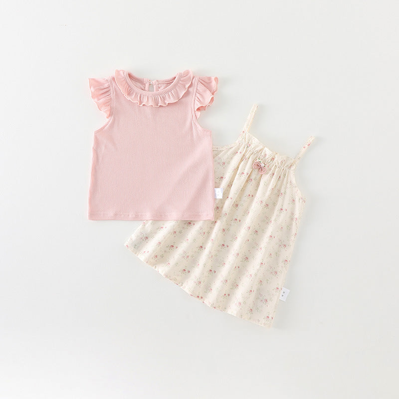 Vestitino Bimba  a Bretelle Floreale + Top Rosa