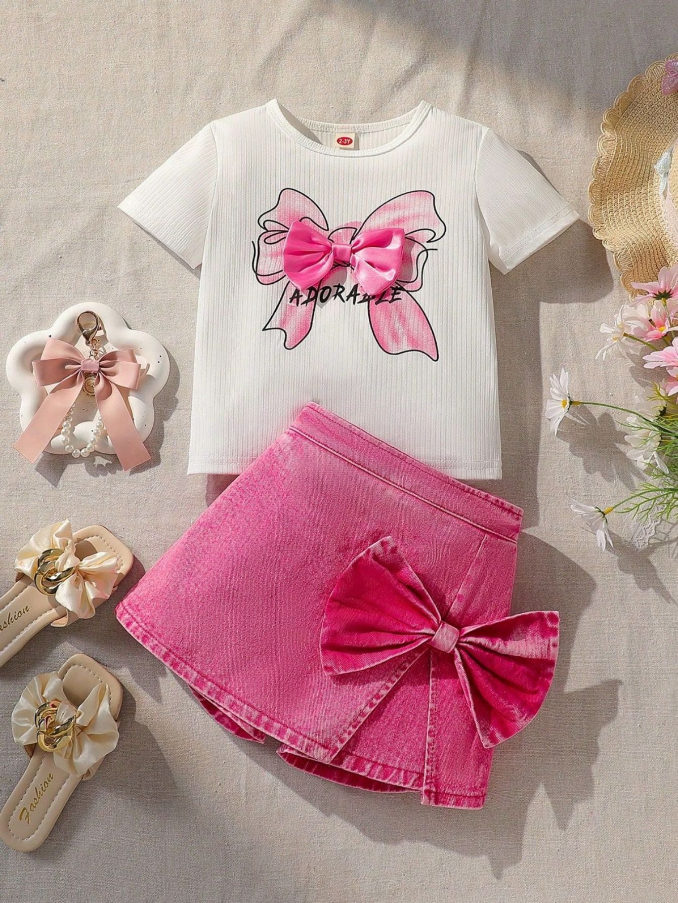 Completo estivo bambina con fiocchi   T-shirt “Adorable” e gonnellina rosa
