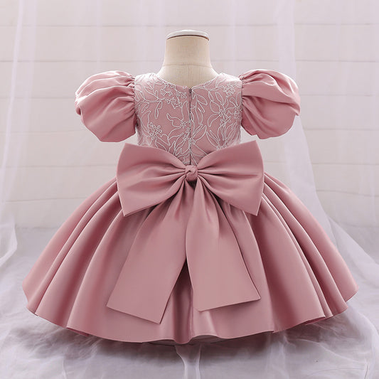 Abito Elegante Rosa per Bambina con Maniche a Palloncino e Ricami