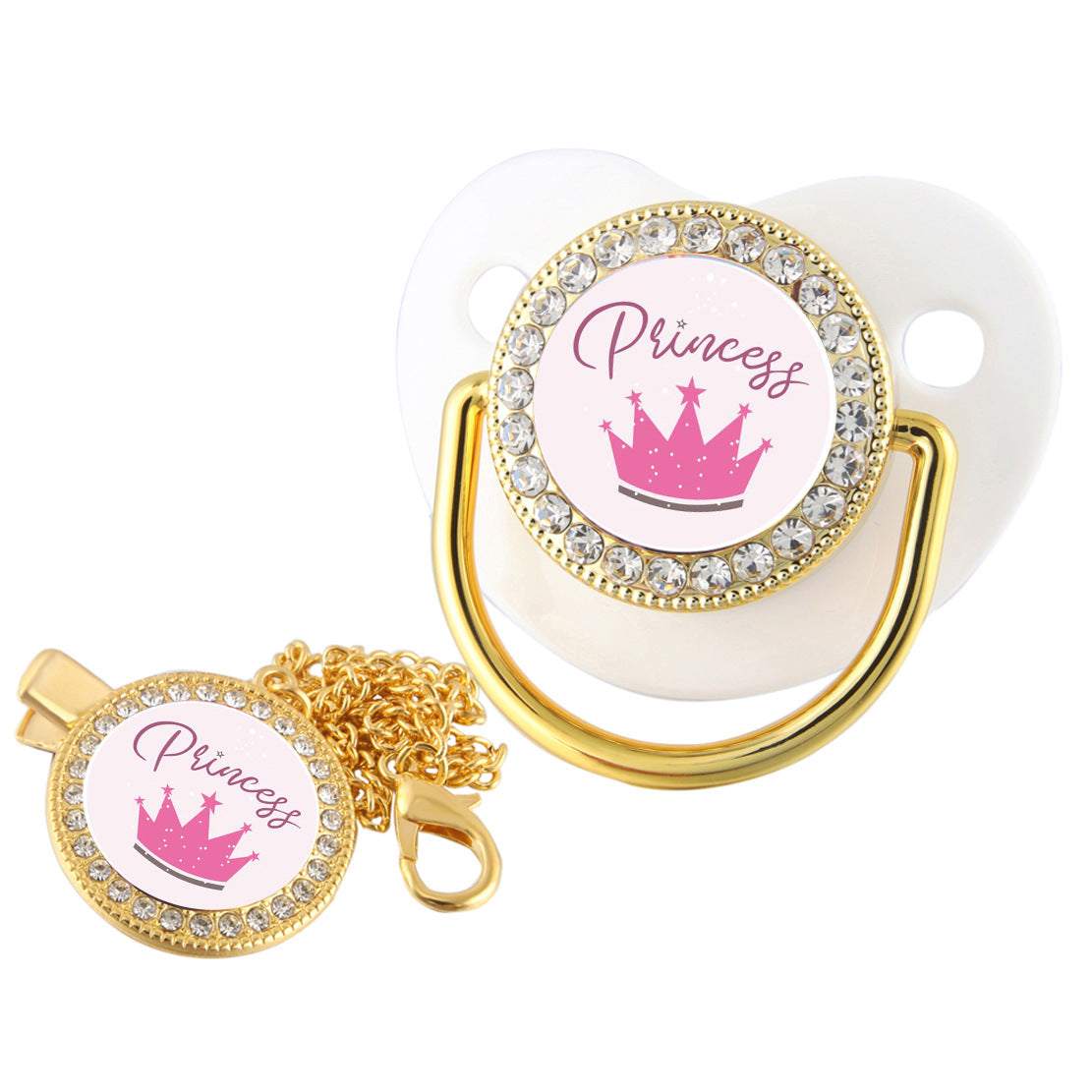 Set Ciuccio + Clip con Catena "Princess" Decorato con Strass 0-6 mesi