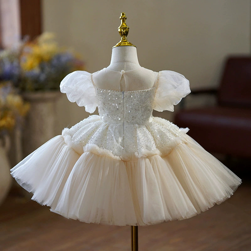 Abito Cerimonia Bambina Avorio in Tulle e Lustrini con Fiocco in Raso