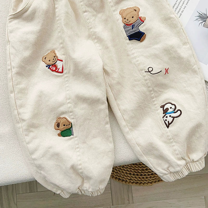 Pantaloni Bimbo “Teddy & Friends” in Cotone – Ricami Orsetti e Cagnolini