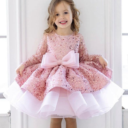 Abito da Cerimonia Bambina - Rosa con Paillettes, Fiocco e Gonna in Tulle