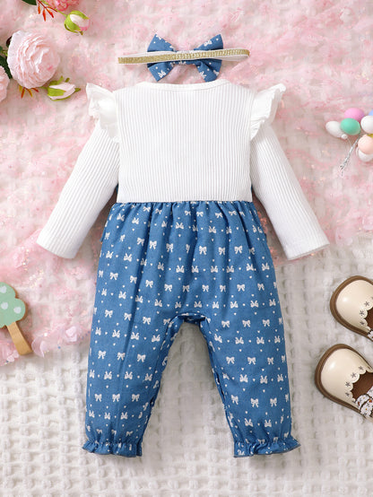 Salopette in Denim con Fiocchi, Maglia a Maniche Lunghe e Fascia Coordinata
