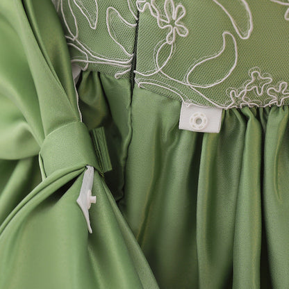 Abito Elegante Verde per Bambina con Maniche a Palloncino e Ricami