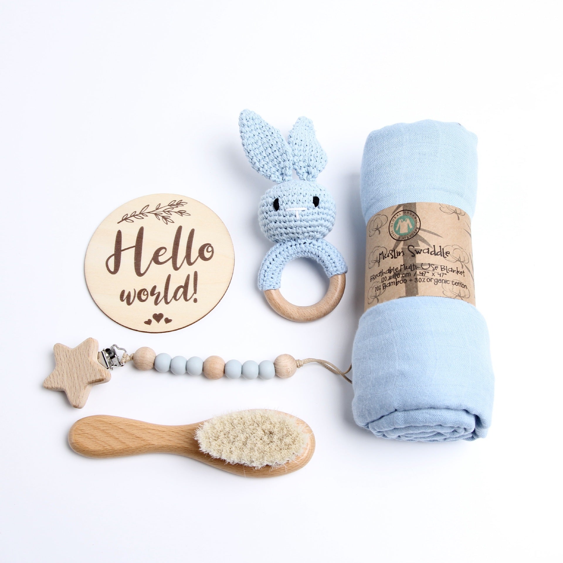Set Regalo Neonato in Legno e Cotone – Azzurro e Naturale
