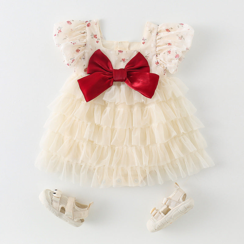 Vestito elegante in tulle crema con fiocco rosso – Abito cerimonia bambina