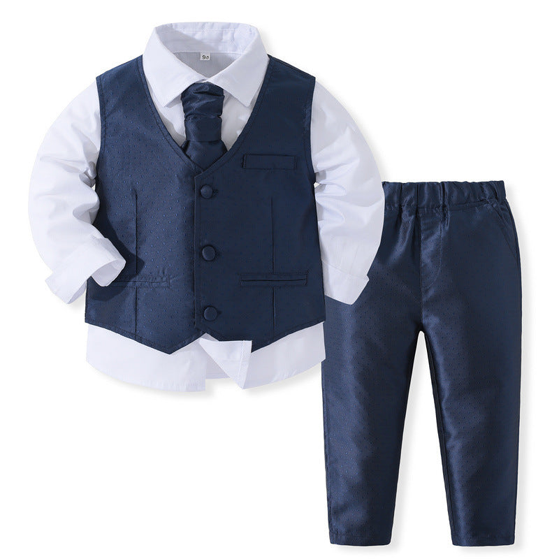 Completo Elegante 3 Pezzi Bambino  Blu Navy Satinato con Cravatta