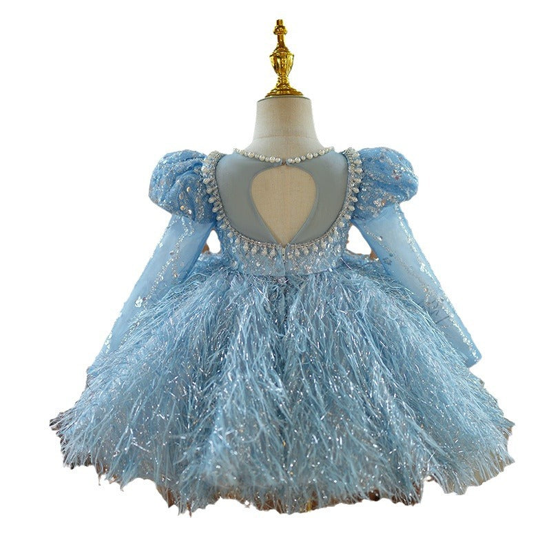 Abito da Cerimonia Bambina - Tulle Azzurro con Piume e Paillettes