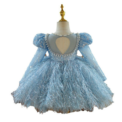 Abito da Cerimonia Bambina - Tulle Azzurro con Piume e Paillettes