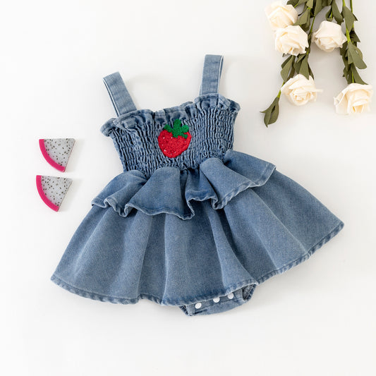 Abitino in Jeans per Bambina con Fragola Ricamata e Volant