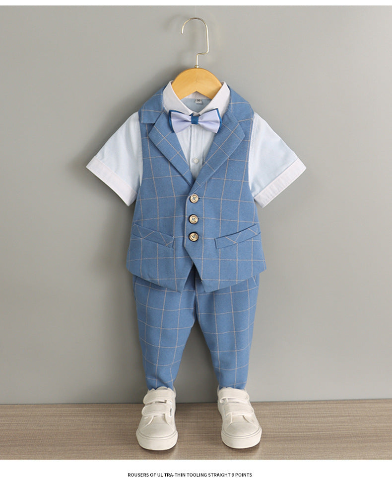 Completo estivo elegante bambino - azzurro a quadretti 4 pezzi