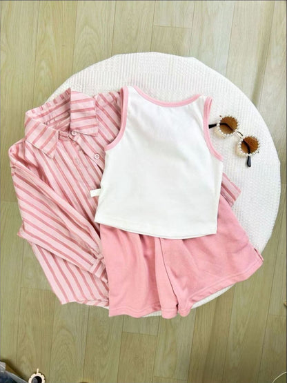 Completo Bambina 3 Pezzi - Camicia a Righe Rosa, T-shirt Stampata e Shorts