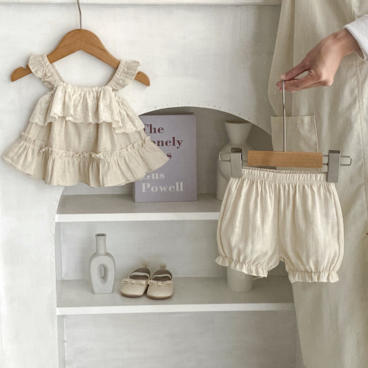 Completo in lino Estivo 2 Pezzi Neonata – Top con Balze e Pizzo  + Shorts Coordinati