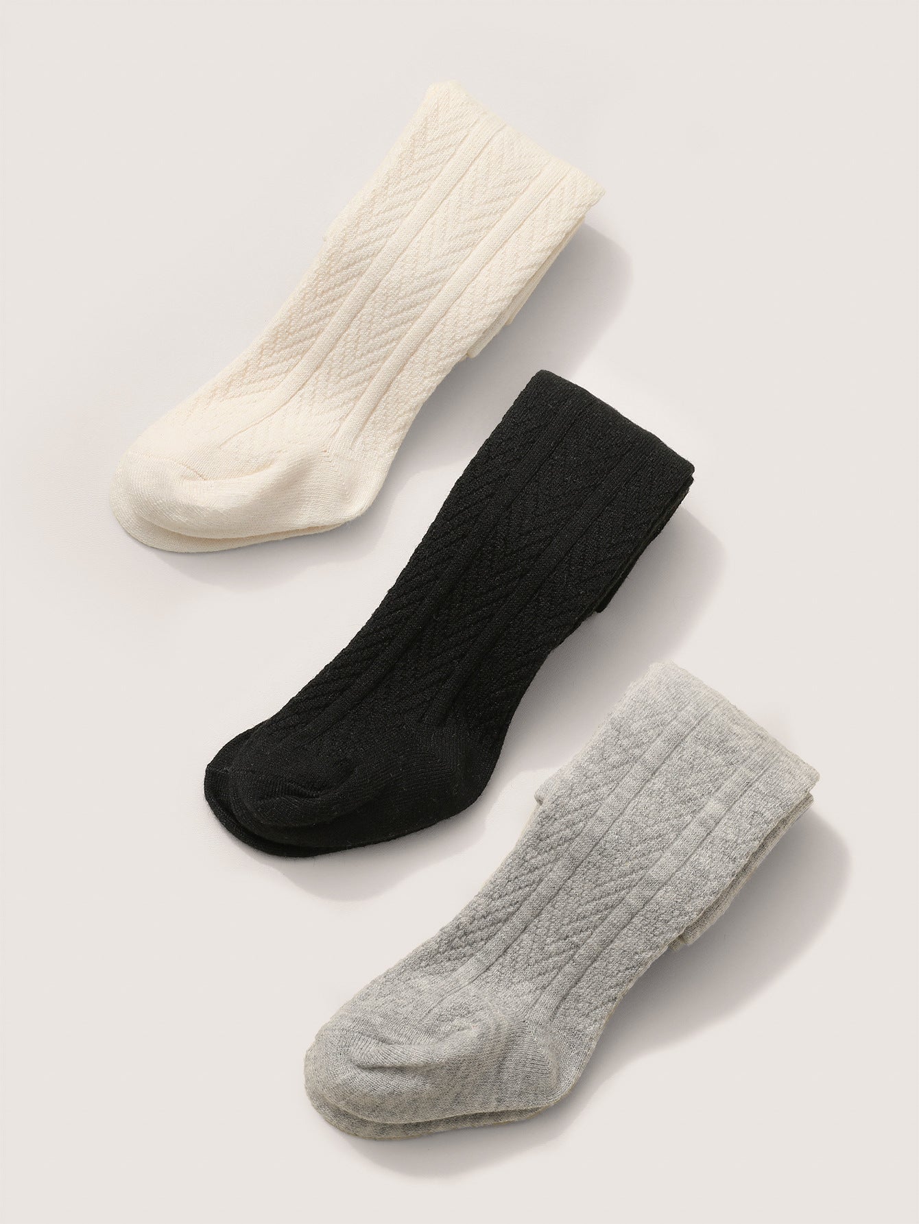 Collant 3pz  bimba in cotone lavorato a treccia  Grigio, Panna, Nero