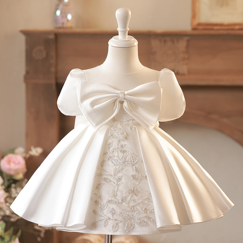 Abito Cerimonia Bambina Avorio  Satin con Ricami e Fiocco Maxi