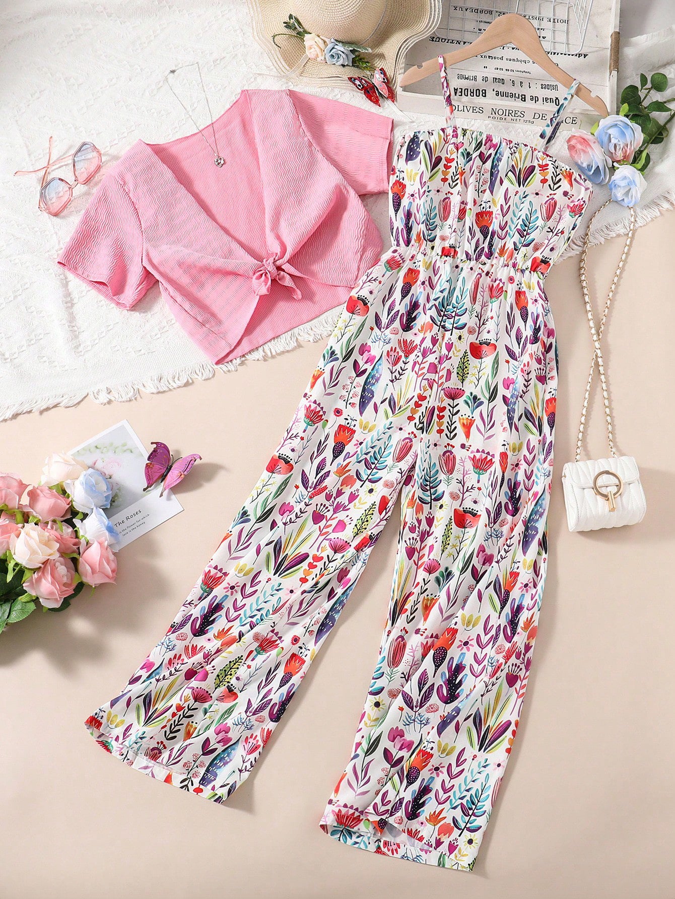 Completo Estivo Bambina – Tuta Floreale e Bolero Rosa