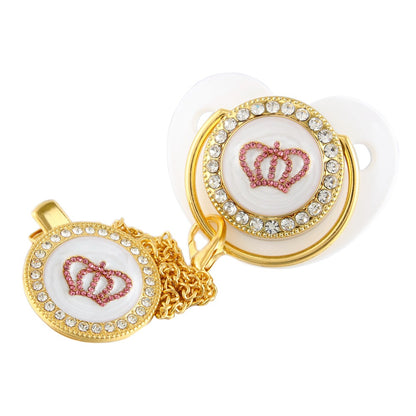 Set Ciuccio e Catenella con Corona Rosa in Cristalli