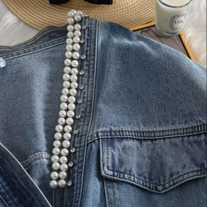 Giacca Jeans Bambina con Dettagli di Perle – Moda Casual Chic
